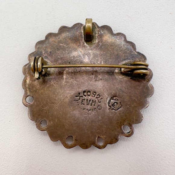 Vintage Taxco EVM Sterling Silver Brooch Pendant Crushed Turquoise Inlay c 1940s - Picture 10 of 13